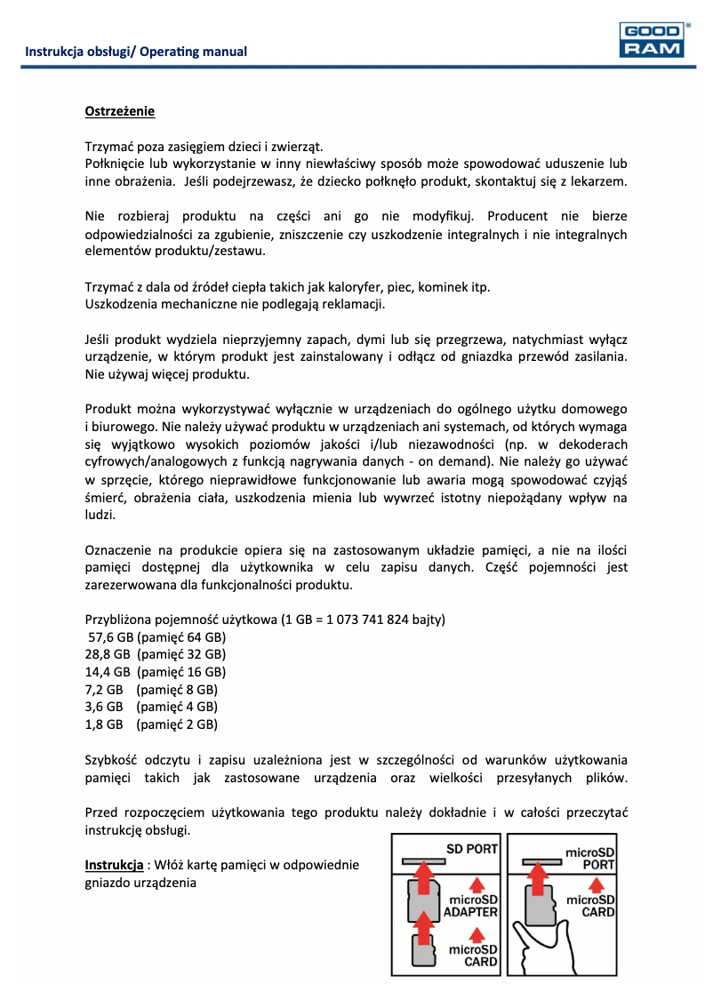 Imagen de la primera página del manual del dispositivo microSDXC Class 10 UHS I