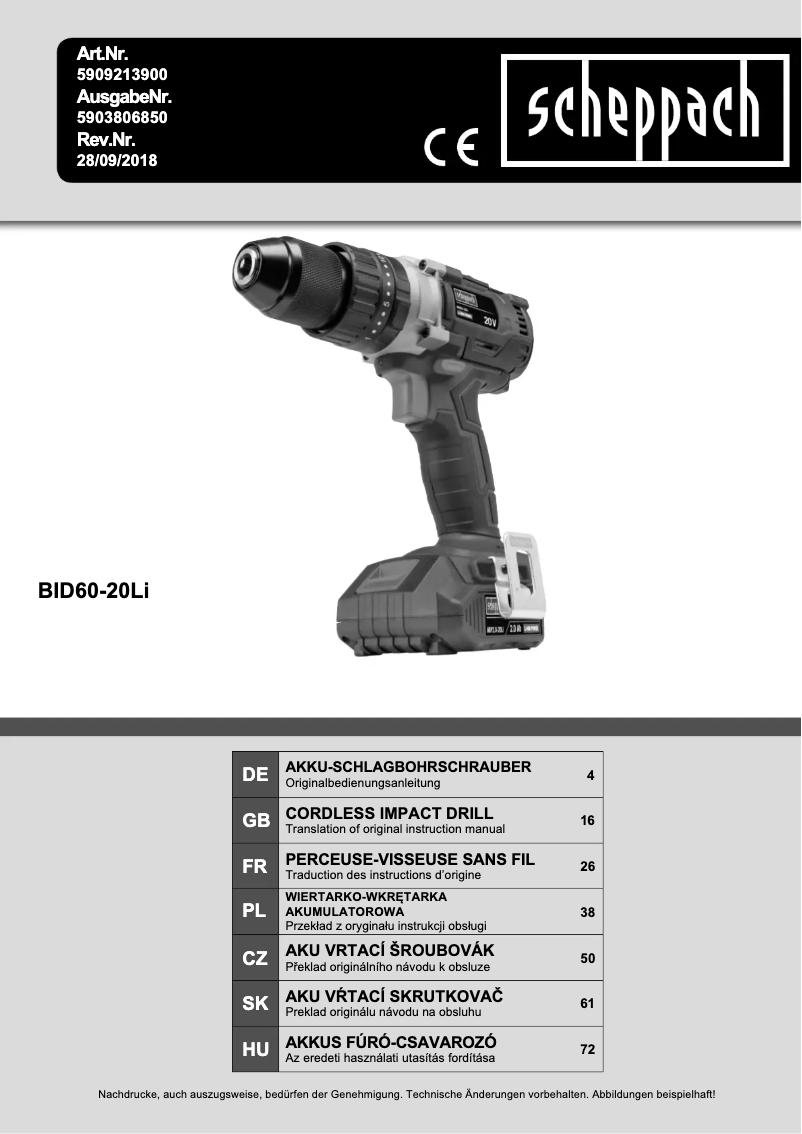 Página nº 1 - Manual de usuario Scheppach BID60-20Li