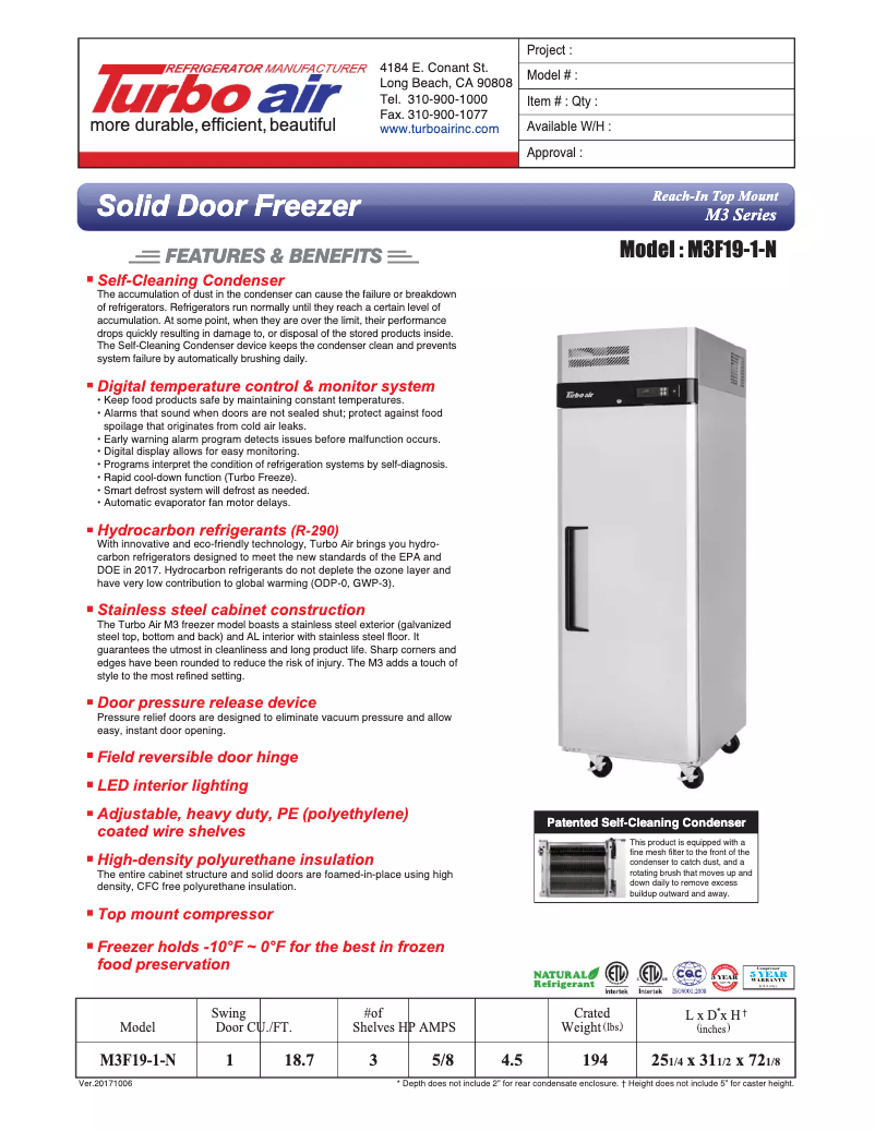 Página 1 del manual Ficha técnica Turbo air M3F19-1
