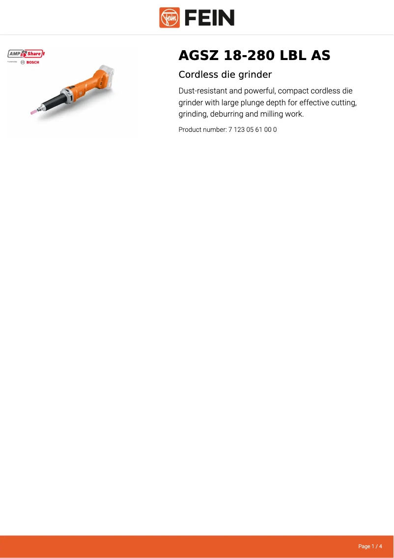 Página 1 del manual Ficha técnica Fein AGSZ 18-280 LBL AS