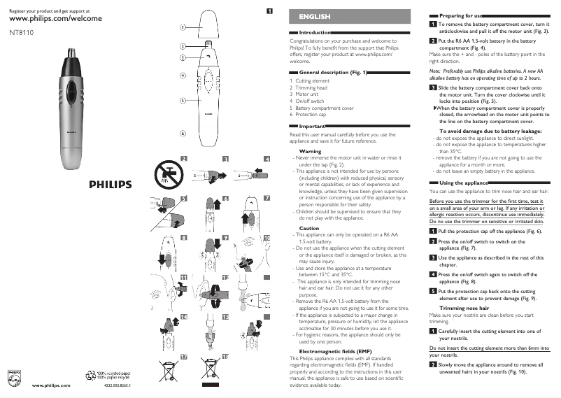 Imagen de la primera página del manual del dispositivo Norelco NT8110