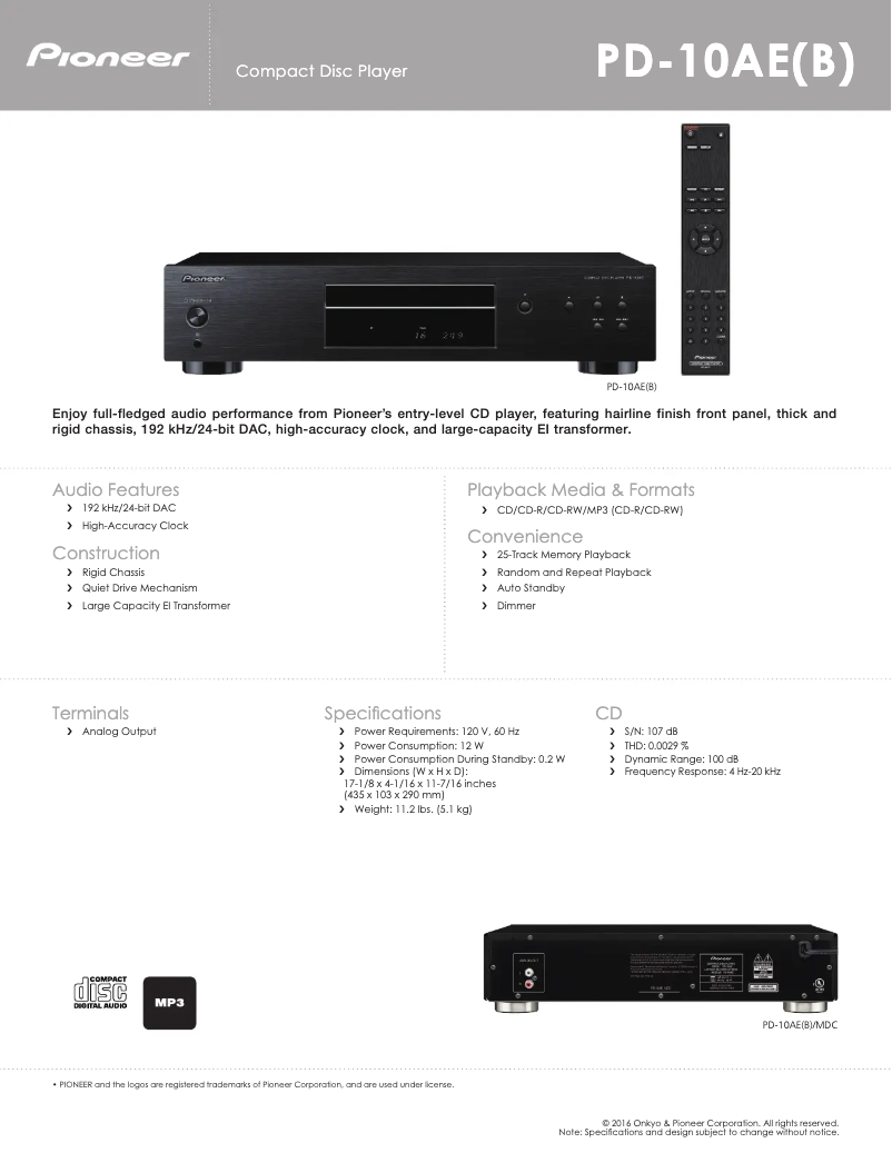 Página 1 del manual Ficha técnica Pioneer PD-10AE