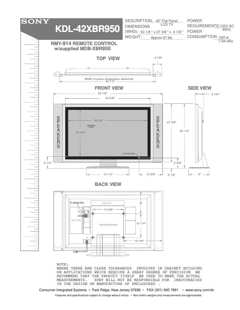 Imagen de la primera página del manual del dispositivo Wega KD-E42XBR950