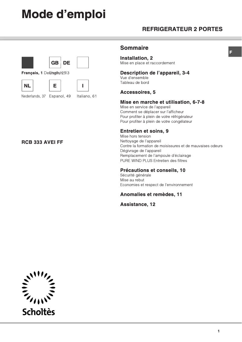 Página 1 del manual Manual de usuario Scholtès RS 2332 V L