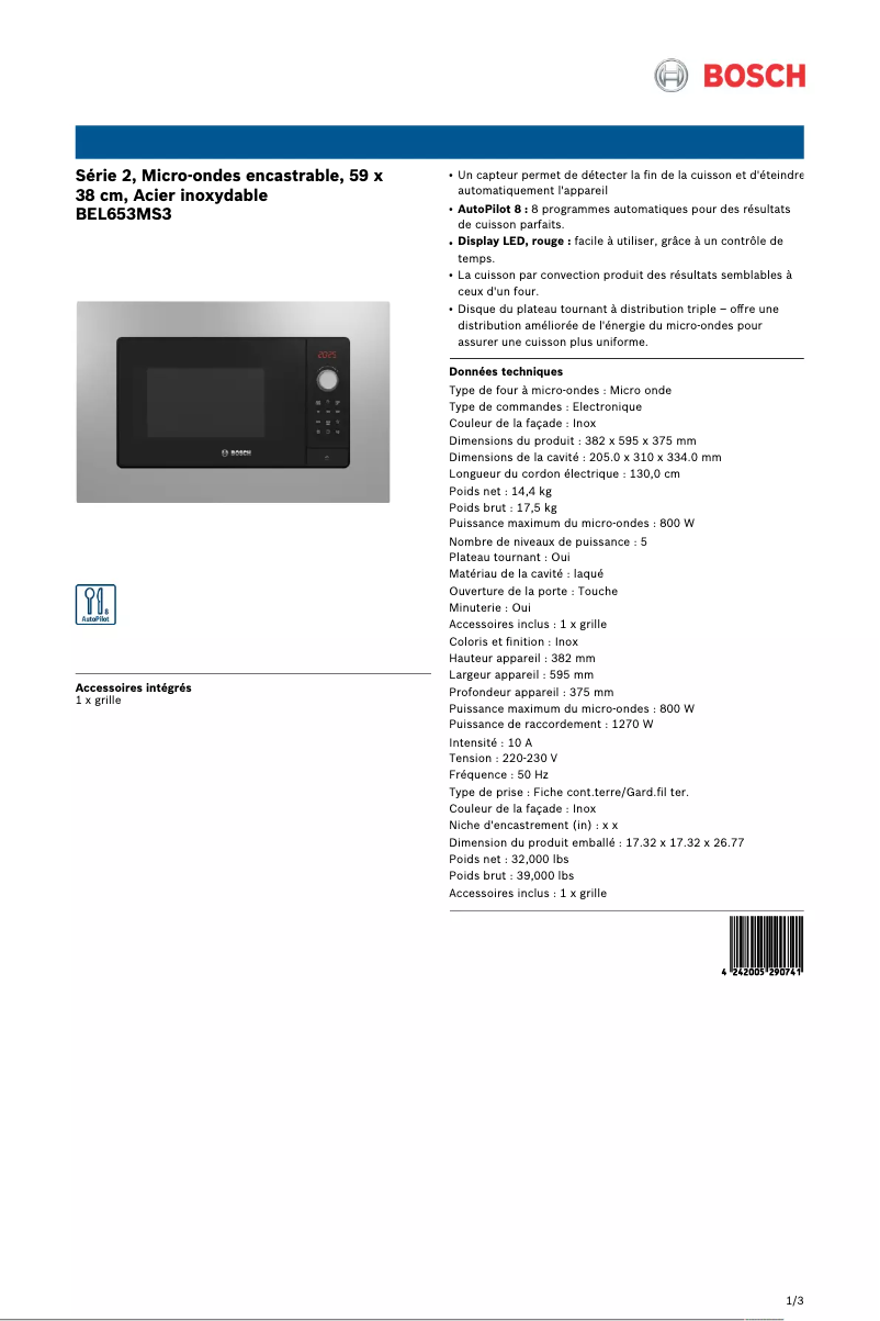 Página 1 del manual Ficha técnica Bosch BEL653MS3
