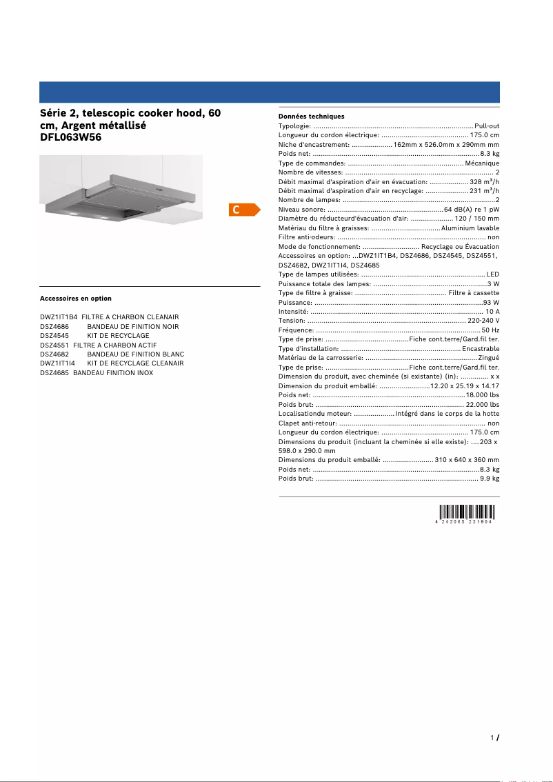 Página nº 1 - Ficha técnica Bosch DFL063W56