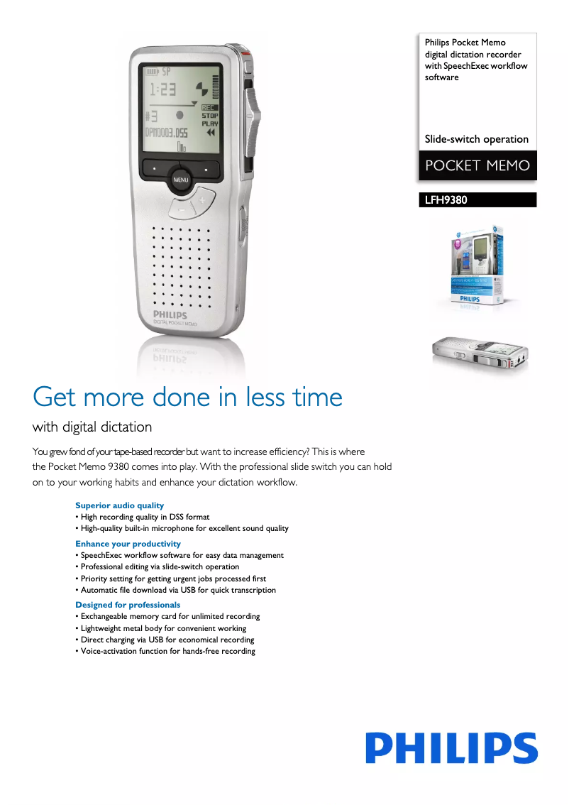 Imagen de la primera página del manual del dispositivo Pocket Memo LFH9380