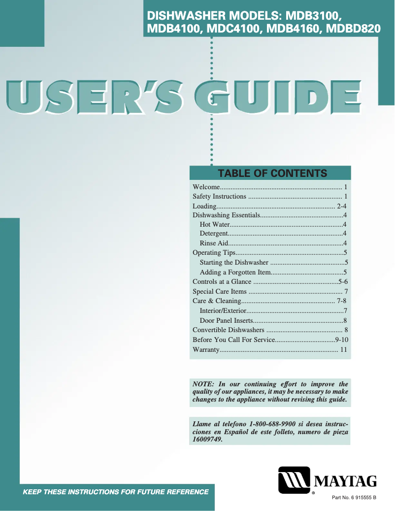 Página nº 1 - Manual de usuario Maytag MDB4160