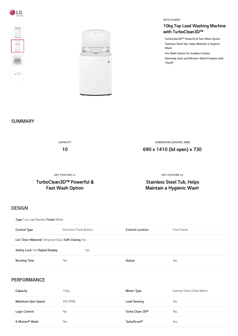 Página 1 del manual Ficha técnica LG WTG1034WF