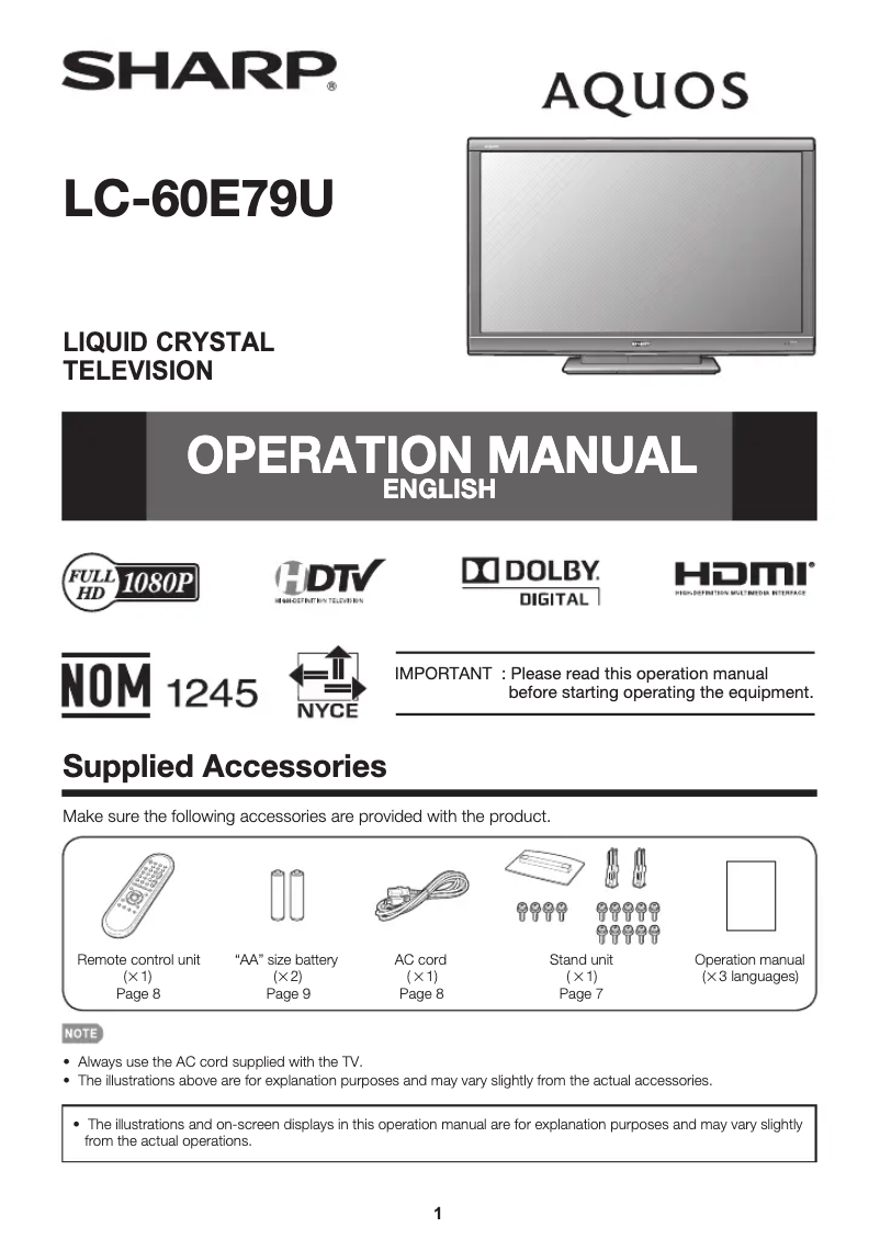 Imagen de la primera página del manual del dispositivo AQUOS LC60E79U
