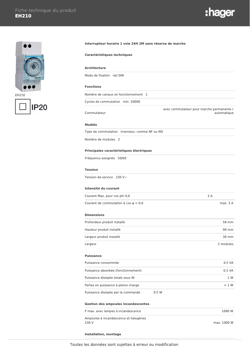 Página 1 del manual Ficha técnica Hager EH210