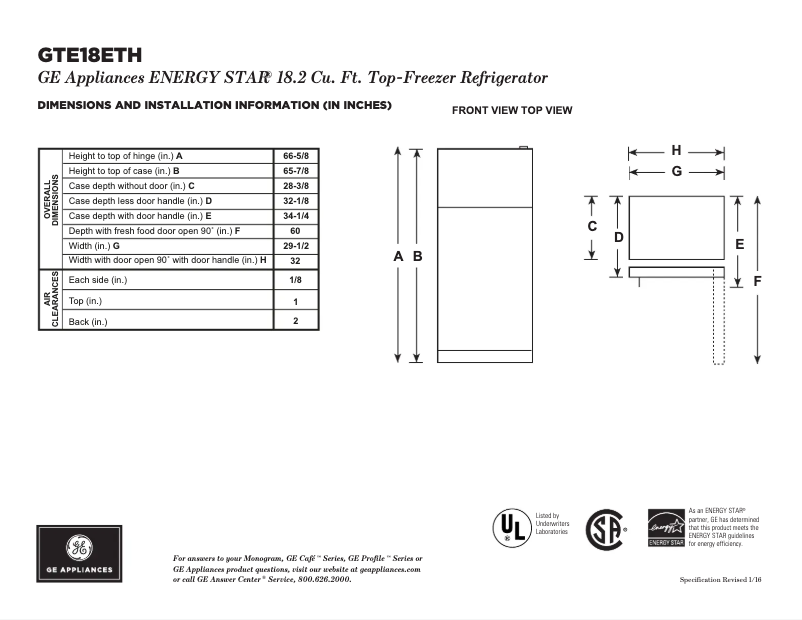 Página 1 del manual Ficha técnica GE GTE18ETHWW