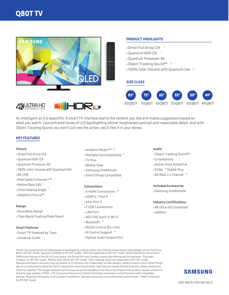 Página 1 del manual Ficha técnica Samsung QN50Q80TAFXZA