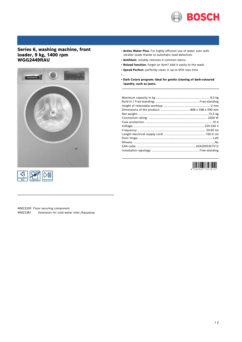 Página 1 del manual Ficha técnica Bosch WGG2449RAU