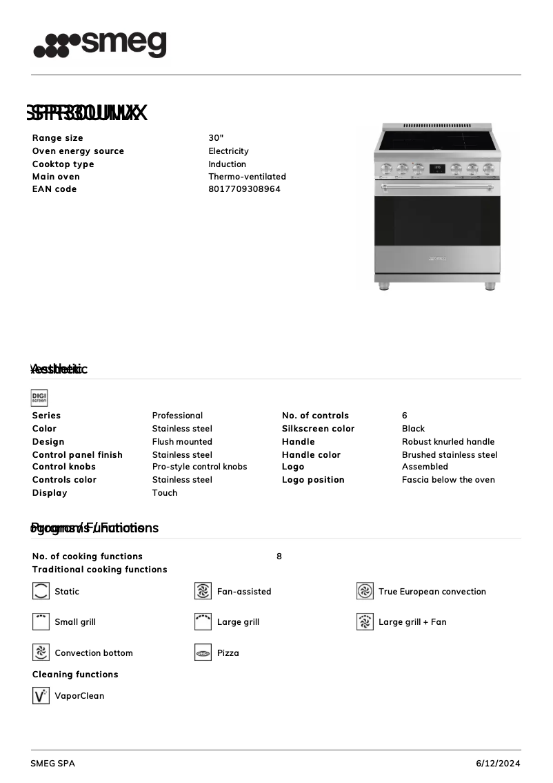 Página 1 del manual Ficha técnica Smeg SPR30UIMX