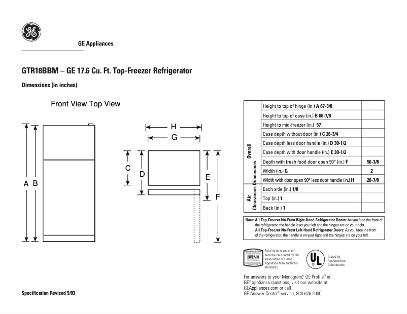 Página 1 del manual Ficha técnica GE GTR18BBMCC