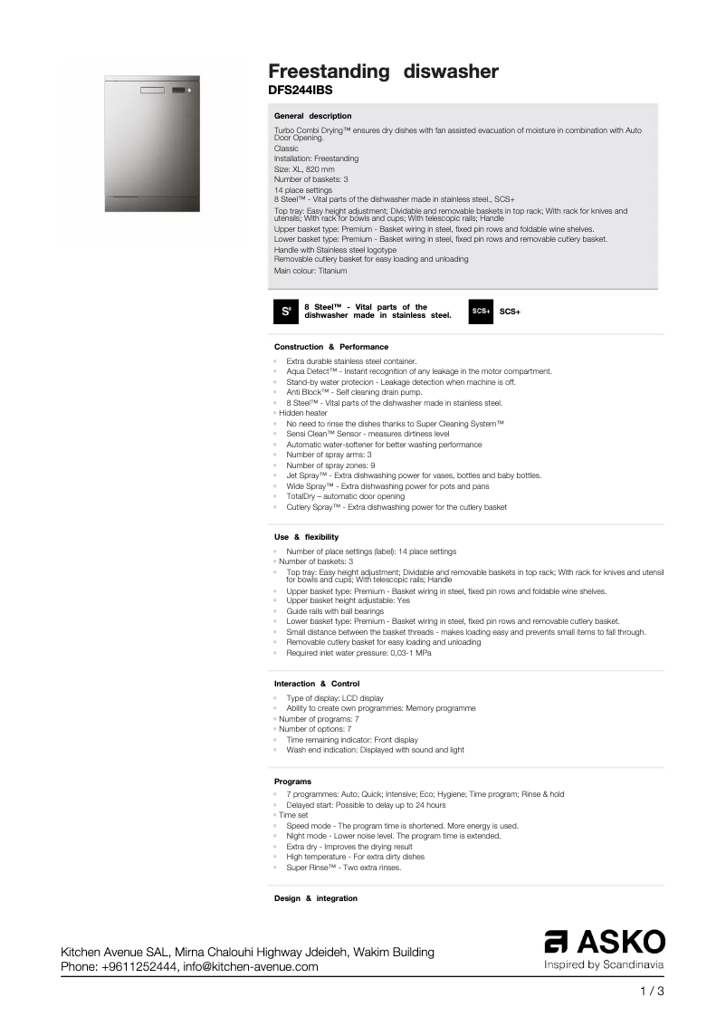 Página nº 1 - Ficha técnica Asko DFS244IBS