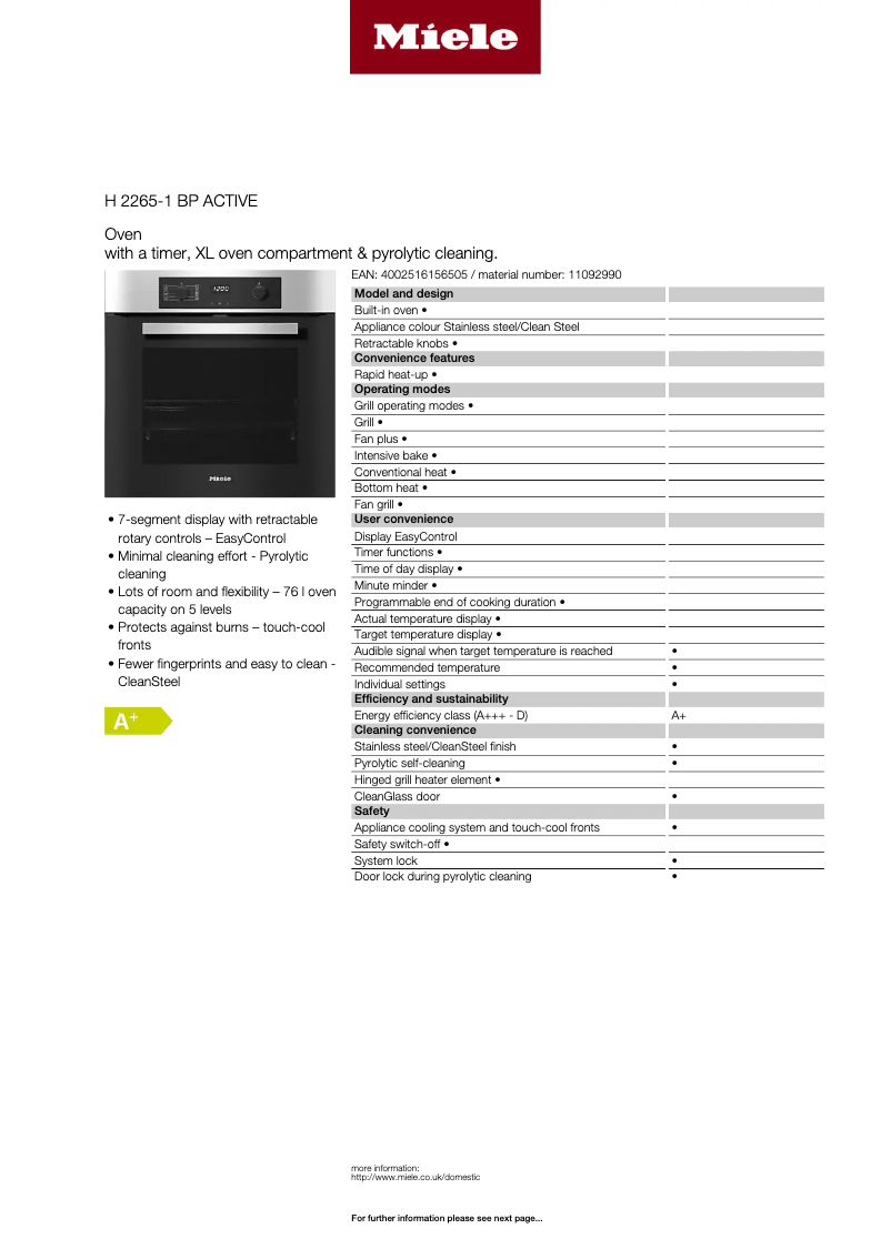 Página 1 del manual Ficha técnica Miele H 2265-1 BP Active