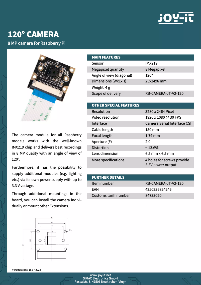 Imagen de la primera página del manual del dispositivo RB-CAMERA-JT-V2-120