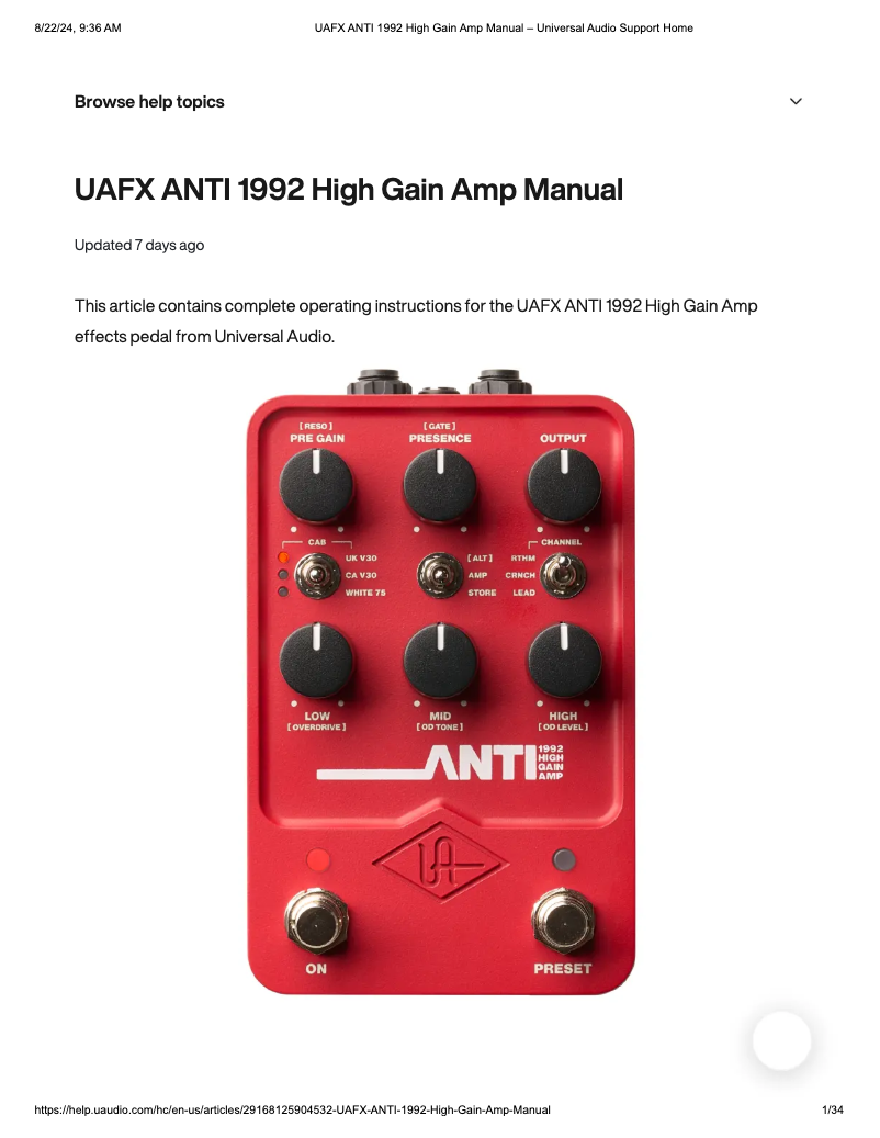 Página nº 1 - Manual de usuario Universal Audio ANTI 1992