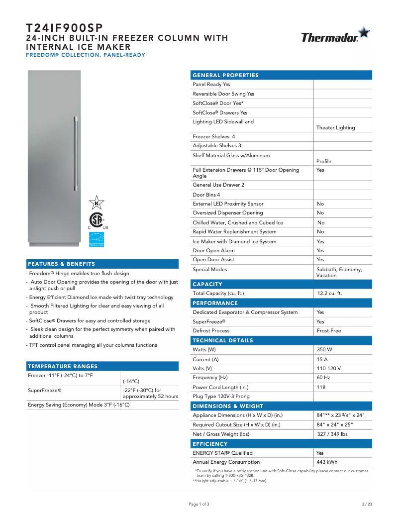 Página 1 del manual Ficha técnica Thermador T24IF900SP