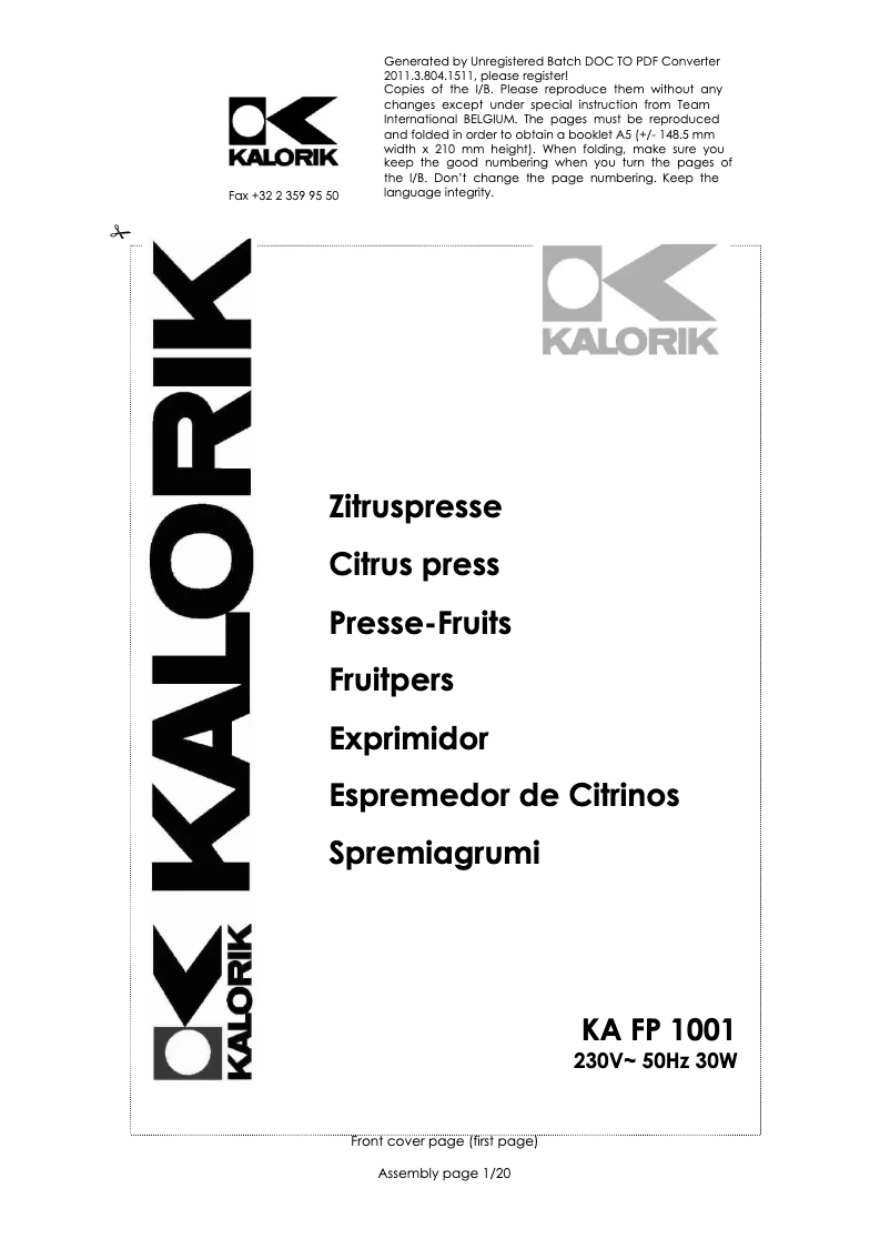 Imagen de la primera página del manual del dispositivo KA FP 1001