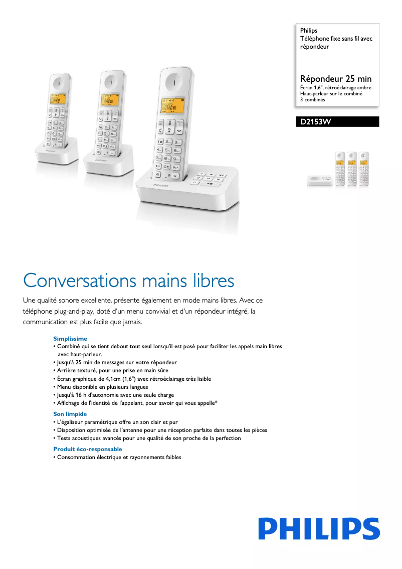 Página 1 del manual Ficha técnica Philips D2153W