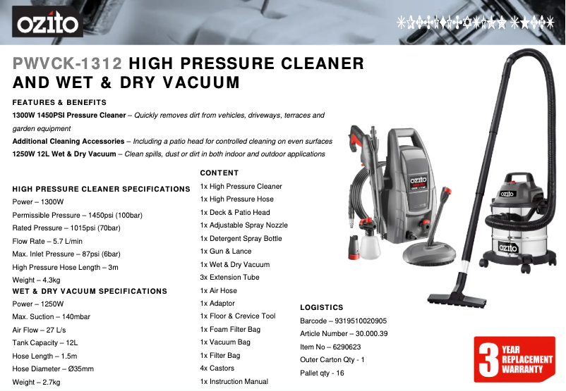 Página nº 1 - Ficha técnica Ozito PWVCK-1312