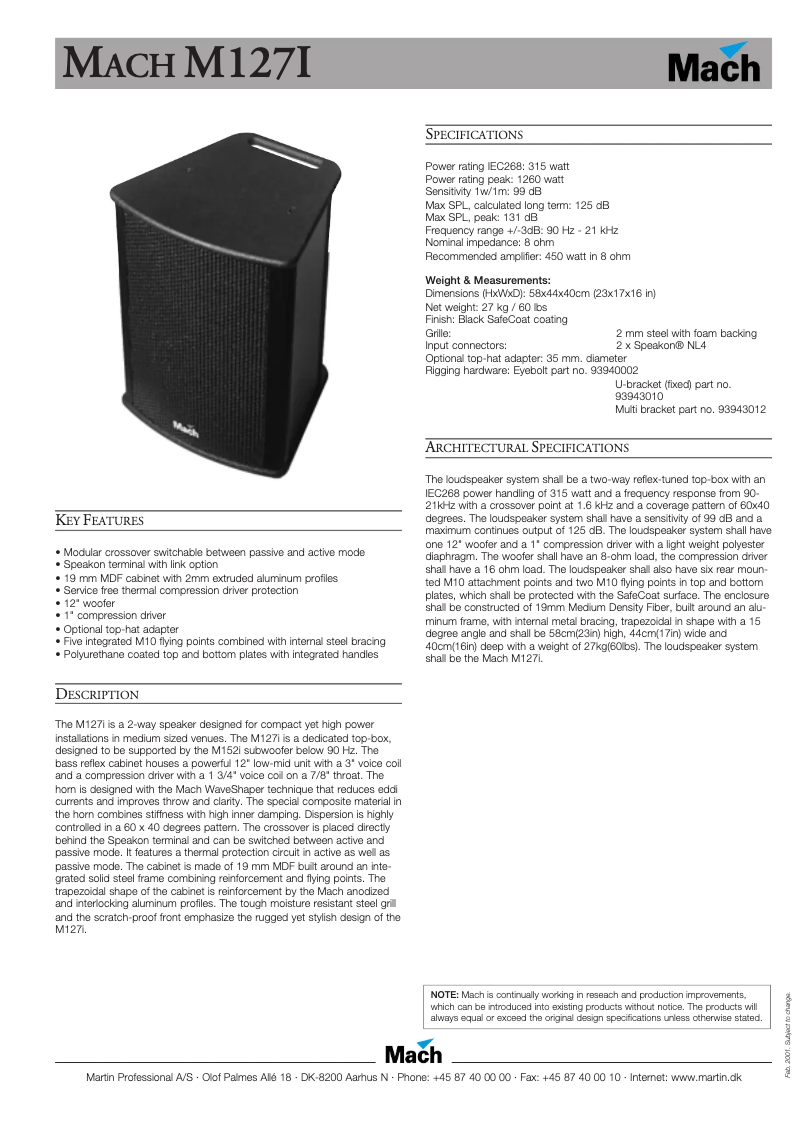 Página 1 del manual Ficha técnica Martin M127i
