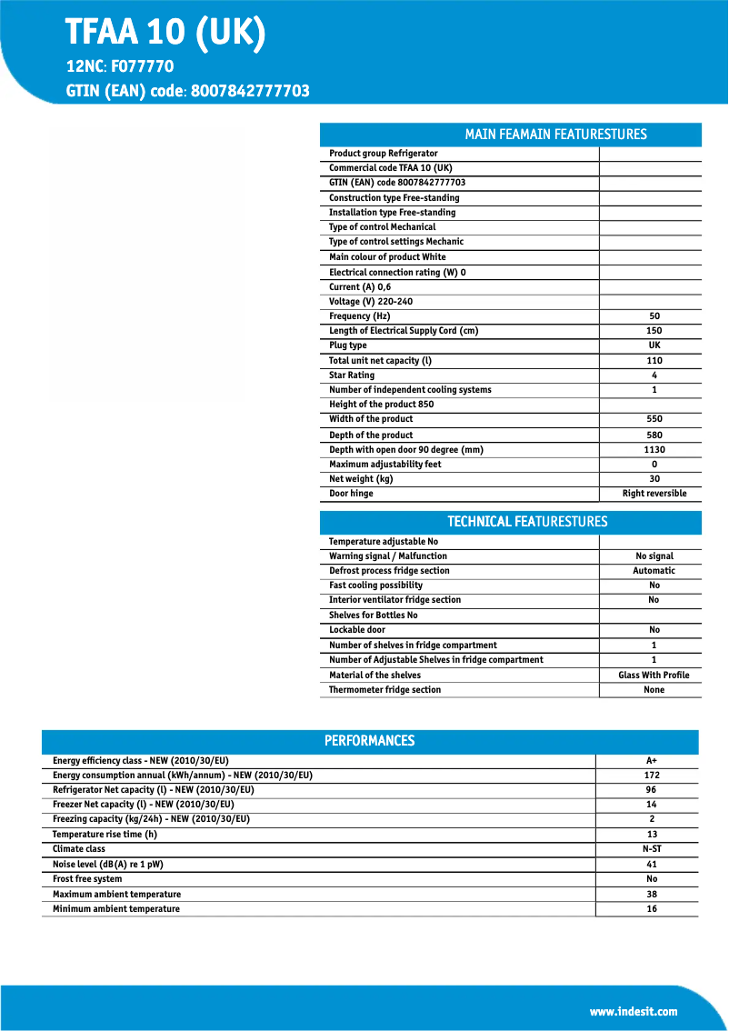 Página 1 del manual Manual de usuario Indesit TFAA 10 (UK)