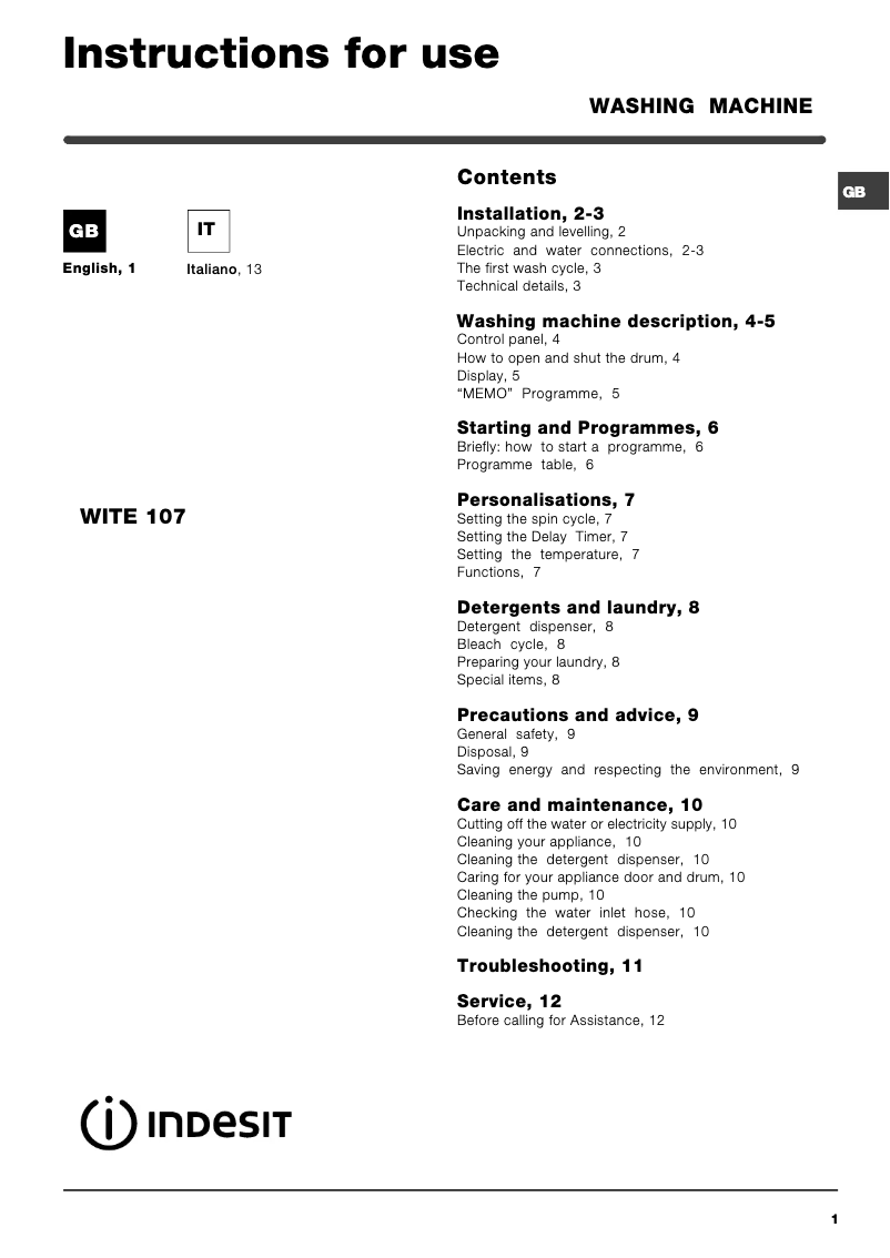 Imagen de la primera página del manual del dispositivo WITE 107