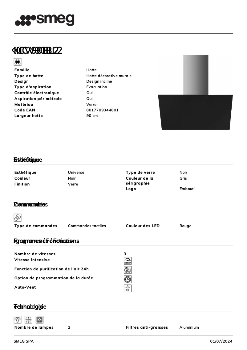 Página 1 del manual Ficha técnica Smeg KICV90BL2