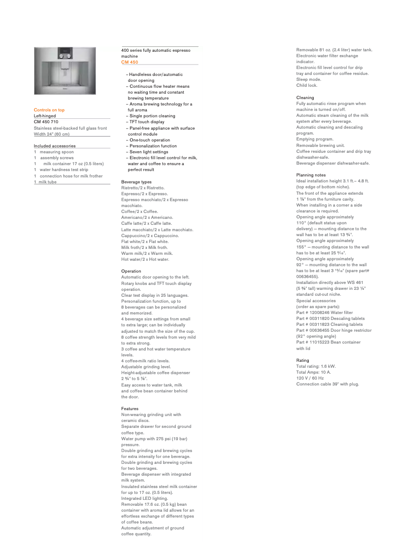 Página 1 del manual Ficha técnica Gaggenau CM450710