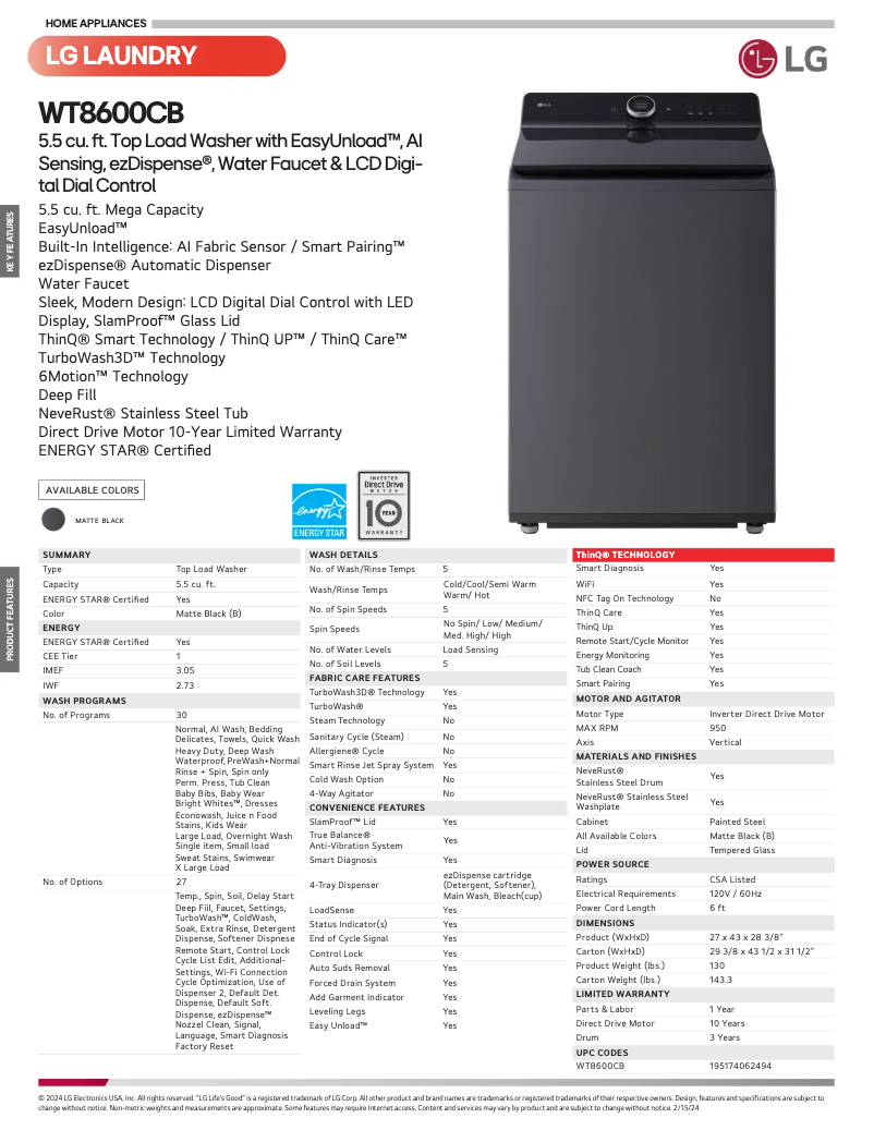 Página 1 del manual Ficha técnica LG WT8600CB