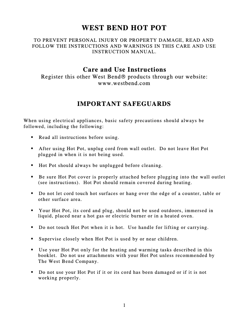 Página 1 del manual Manual de usuario WestBend Hot Pot 53015