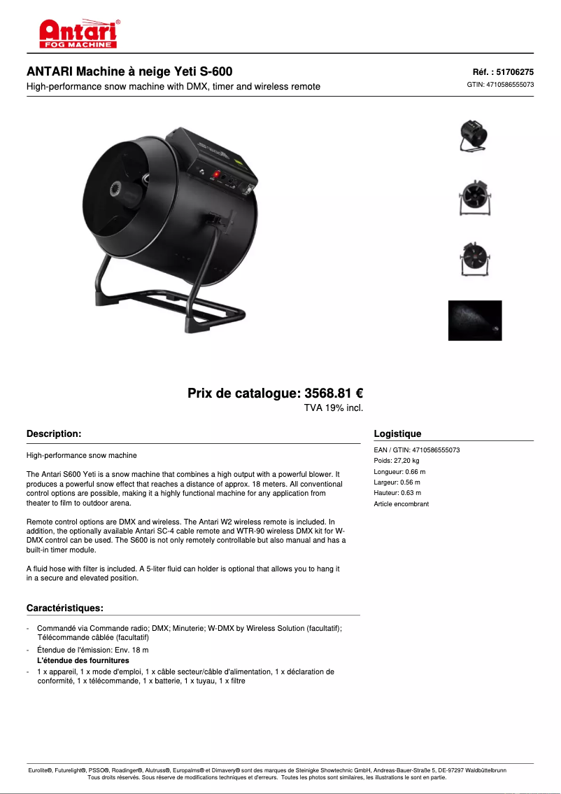 Página 1 del manual Ficha técnica Antari S-600