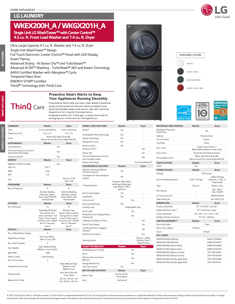 Página 1 del manual Ficha técnica LG WKEX200HRA