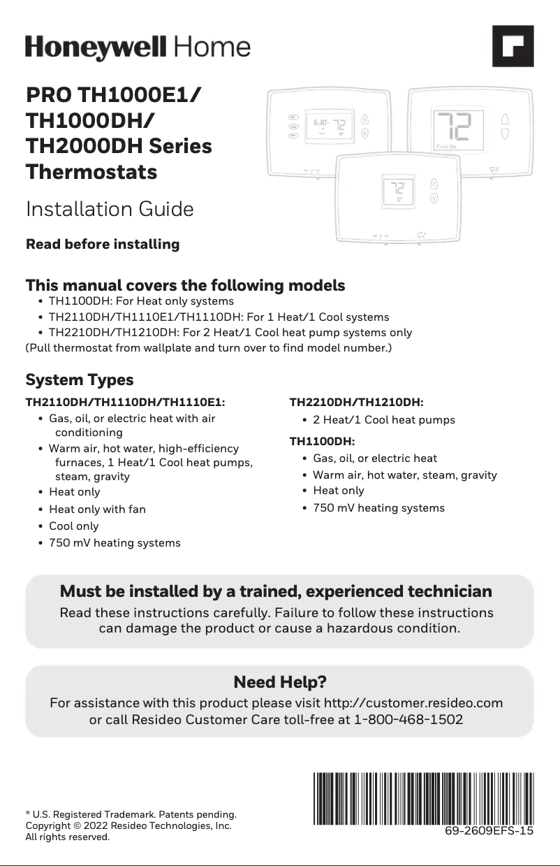 Página 1 del manual Guía de instalación Honeywell TH1110DH1003/U