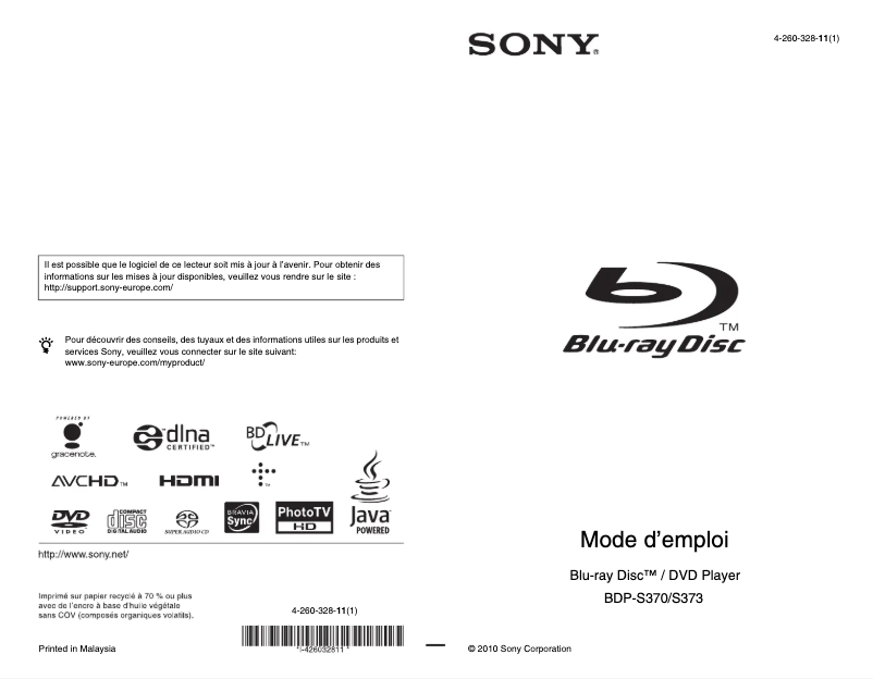 Página 1 del manual Manual de usuario Sony BDP-S370