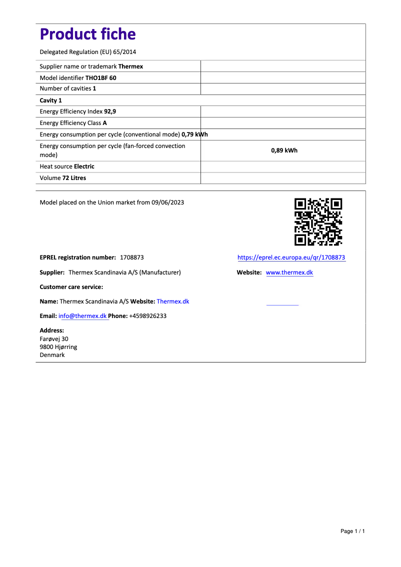 Página 1 del manual Ficha técnica Thermex THO1BF