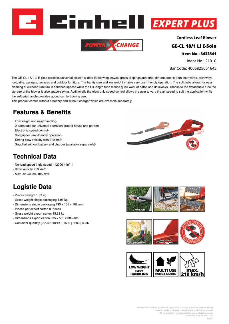 Página 1 del manual Ficha técnica Einhell GE-CL 18/1 Li E-Solo