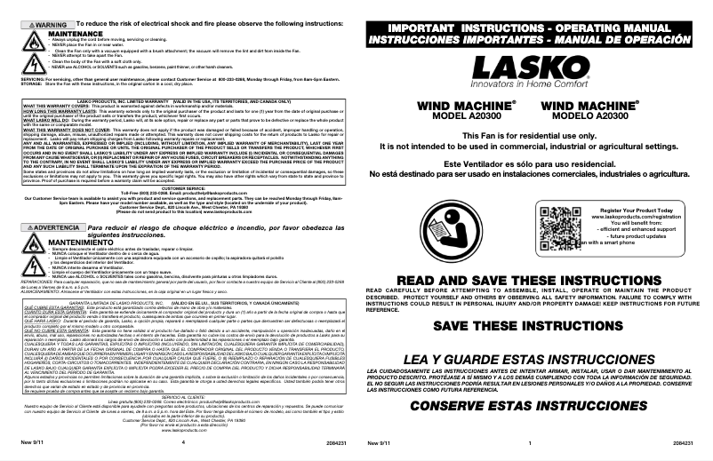 Página 1 del manual Manual de usuario Lasko Wind Machine A20300