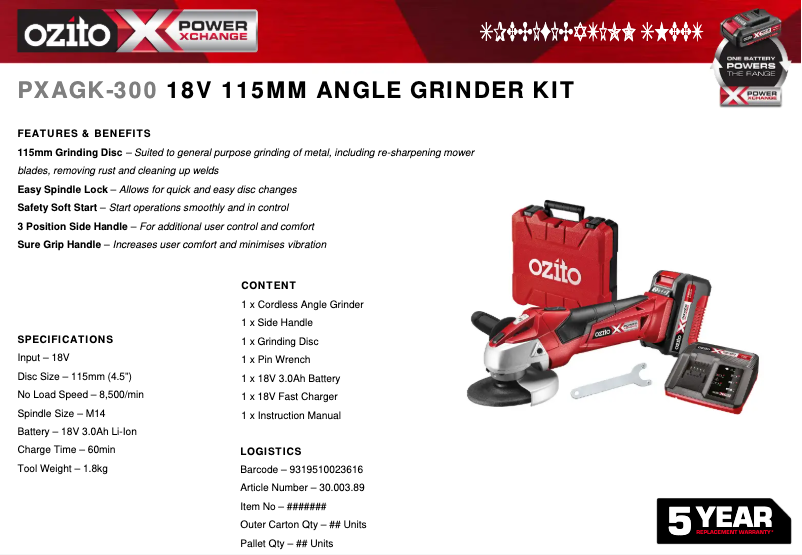 Página 1 del manual Ficha técnica Ozito PXAGK-300