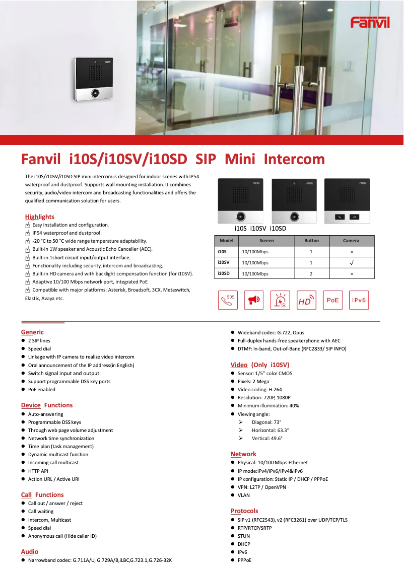 Página 1 del manual Ficha técnica Fanvil i10SD