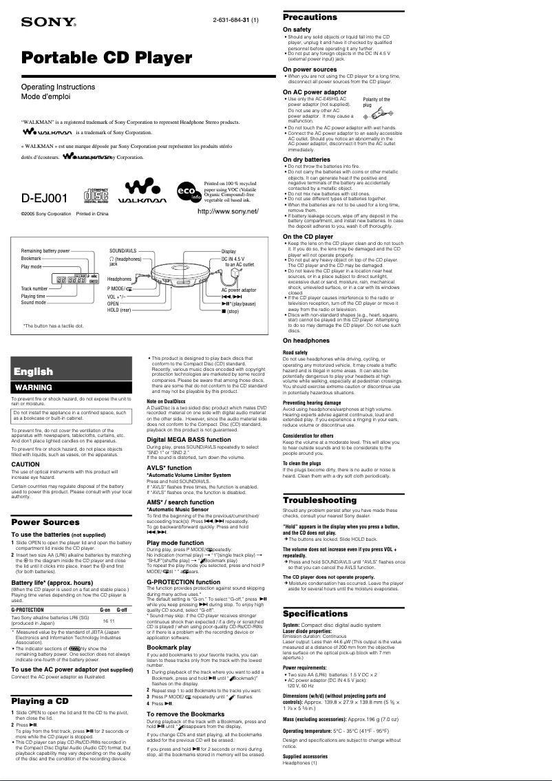 Imagen de la primera página del manual del dispositivo Walkman D-EJ001