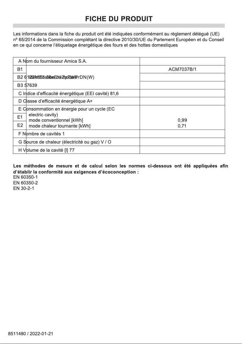 Página 1 del manual Ficha técnica Amica ACM7037B/1