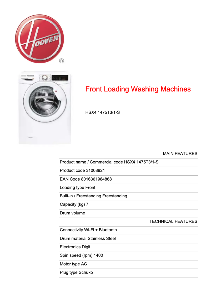 Página 1 del manual Ficha técnica Hoover HSX4 1475T3/1-S