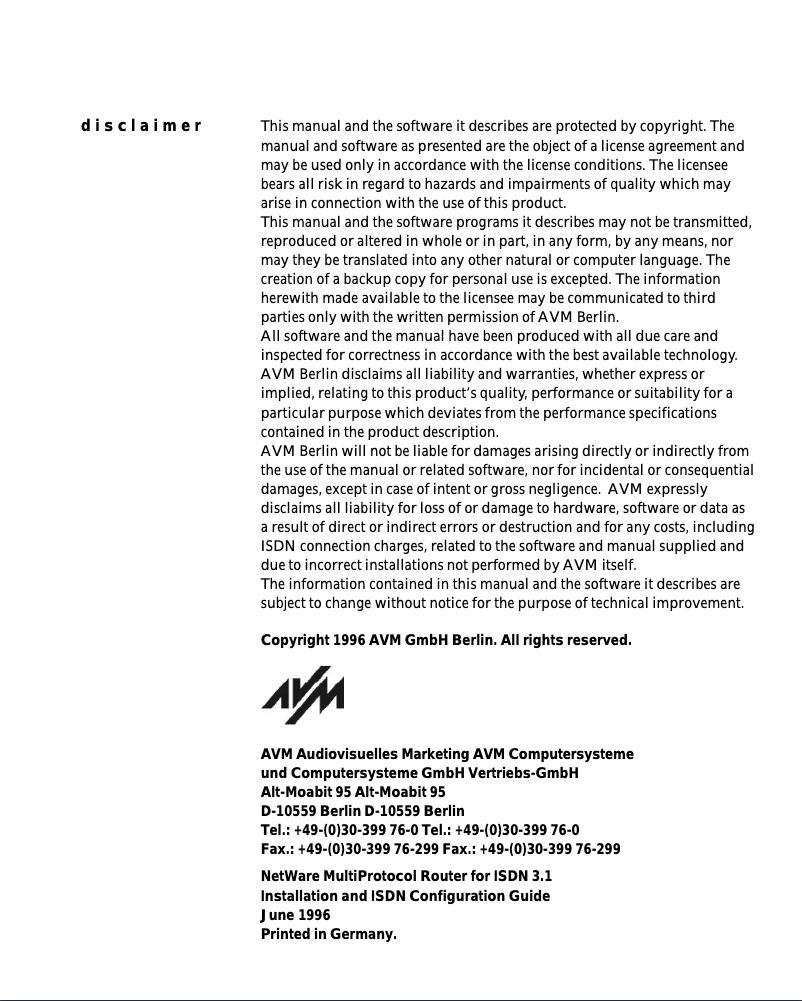 Página nº 1 - Manual de usuario AVM NetWare MultiProtocol Router for ISDN