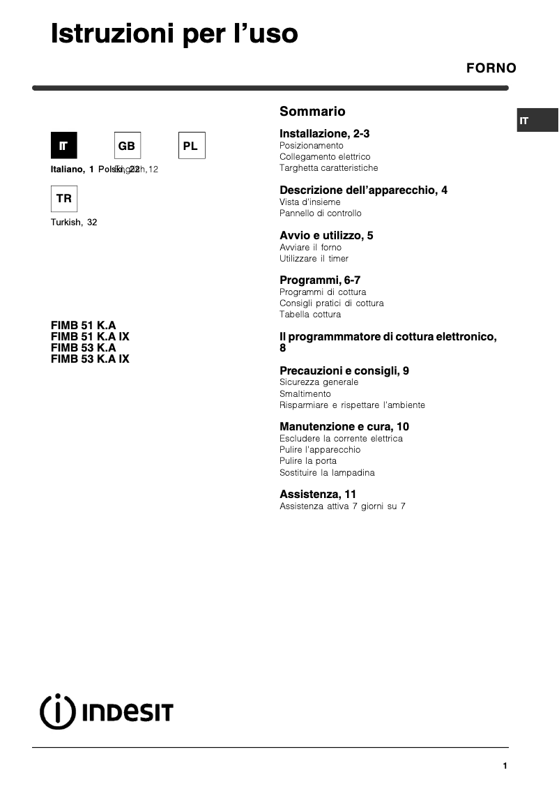 Página 1 del manual Manual de usuario Indesit FIMB 53 K.A IX (PL)