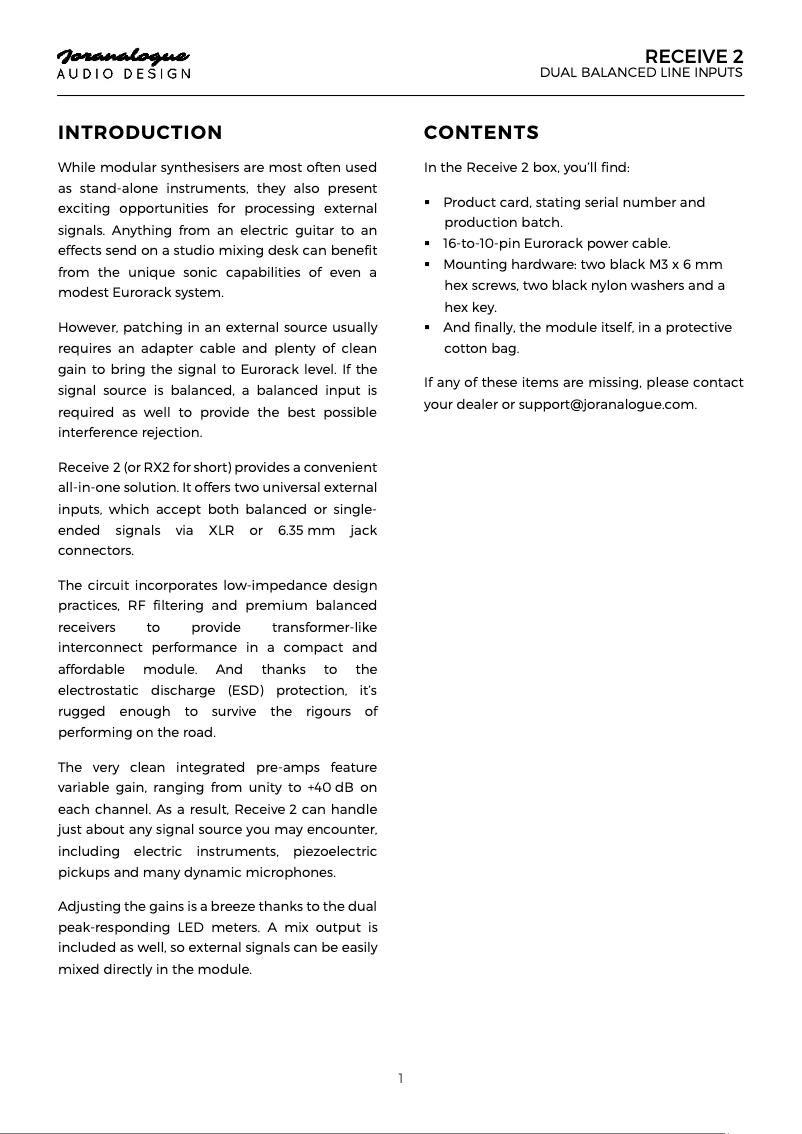 Página 1 del manual Manual de usuario Joranalogue Receive 2